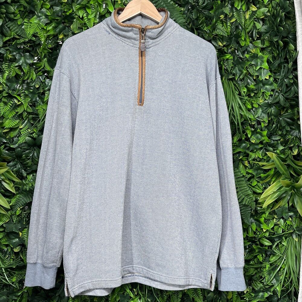 ORVIS Men‎ Tweed Pull Over Medium Blue Sweater 1/4 Zip Leather Trim 2331 - Picture 2 of 11